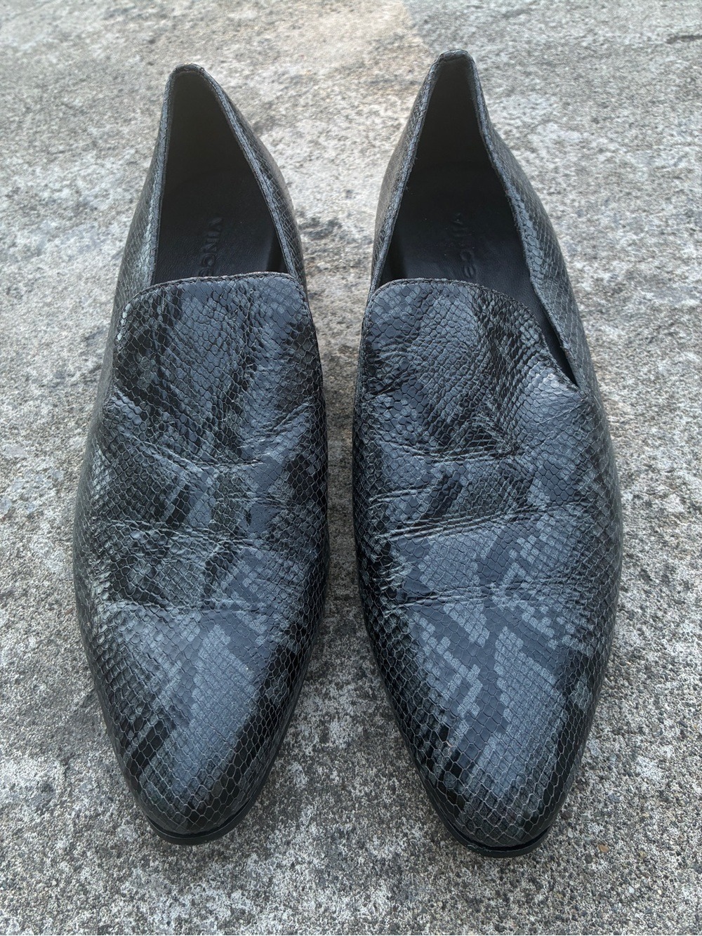 Vince Gray and Black Snakeskin Embossed Leather Loafers - Size 7.5